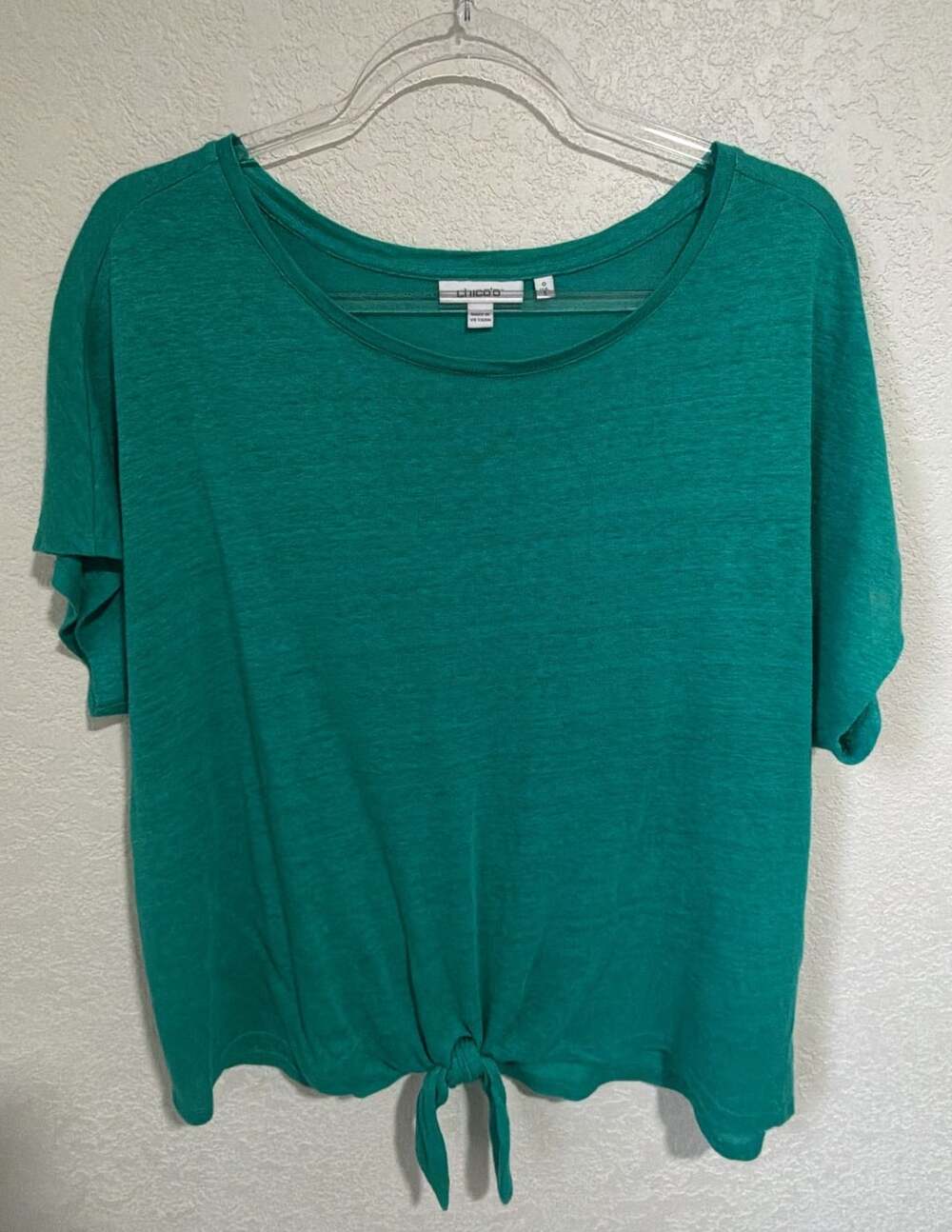 Chico's Tie Front Scoop Neck Top Size 0 S Green Short Sleeve